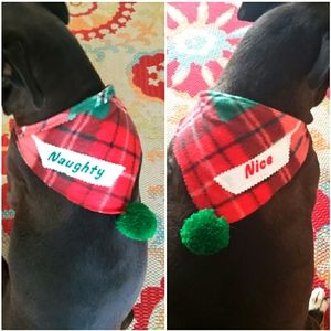 DOG SCARF - HOLIDAY "REVERSIBLE" EMBROIDERED -  Naughty Nice - SIZE  Sm, Med, Lg